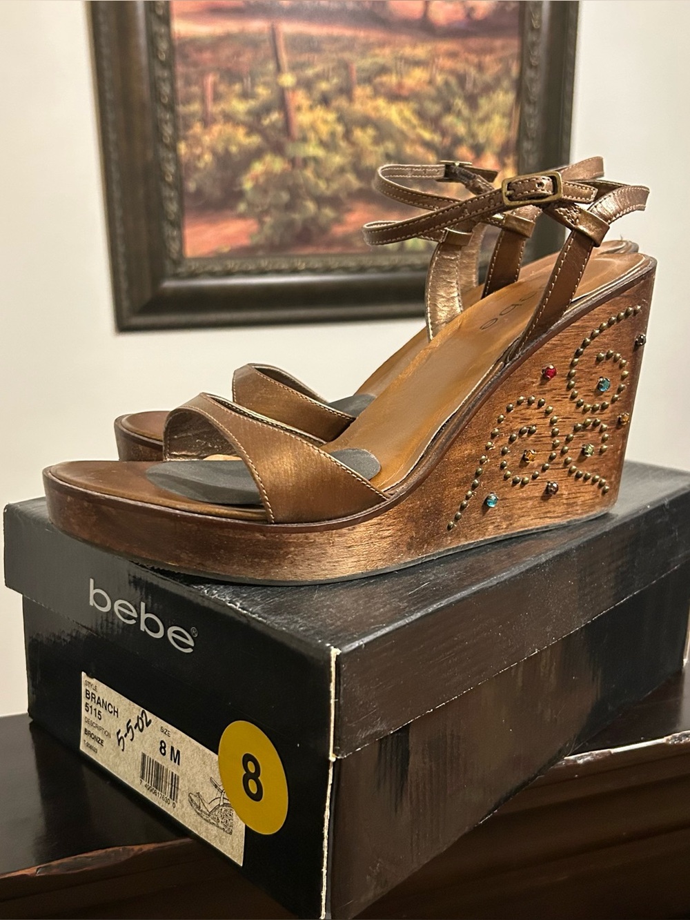 bebe Bronze Metallic Wedge Sandals with Ankle Strap